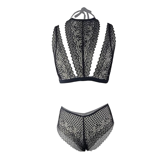 Premium Women’s High-Neck Floral Lace Bralette & Panty Set – Elegant Two-Piece Lingerie Ensemble with Modern Halter Detail and Criss-Cross Waist