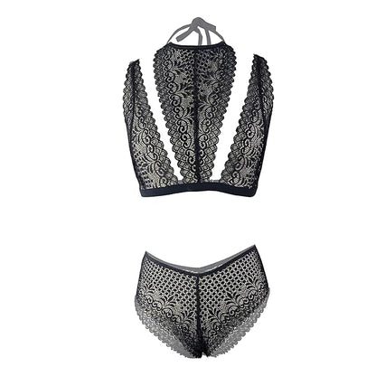 Premium Women’s High-Neck Floral Lace Bralette & Panty Set – Elegant Two-Piece Lingerie Ensemble with Modern Halter Detail and Criss-Cross Waist