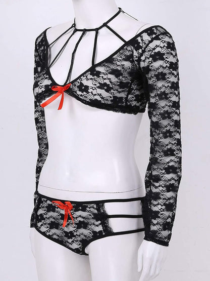 Women Lace CrissCross Black Bra & Panty Lingerie