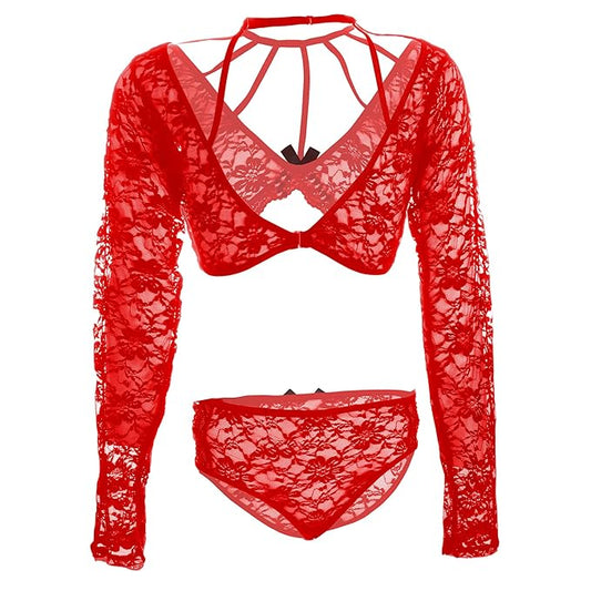 Women Lace CrissCross Red Bra Panty Lingerie Set