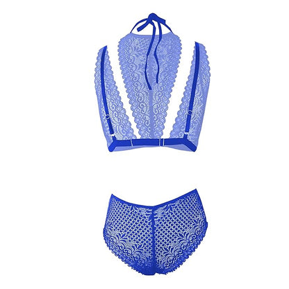 Premium Women’s High-Neck Floral Lace Bralette & Panty Set – Elegant Two-Piece Lingerie Ensemble with Modern Halter Detail and Criss-Cross Waist