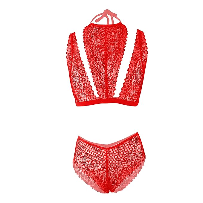 Premium Women’s High-Neck Floral Lace Bralette & Panty Set – Elegant Two-Piece Lingerie Ensemble with Modern Halter Detail and Criss-Cross Waist