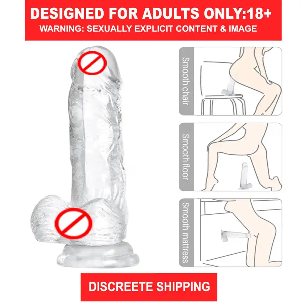 Transparent 9-inch lifelike silicone dildo with strong suction cup base and realistic design.