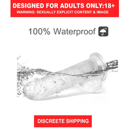Transparent 9-inch lifelike silicone dildo with strong suction cup base and realistic design.