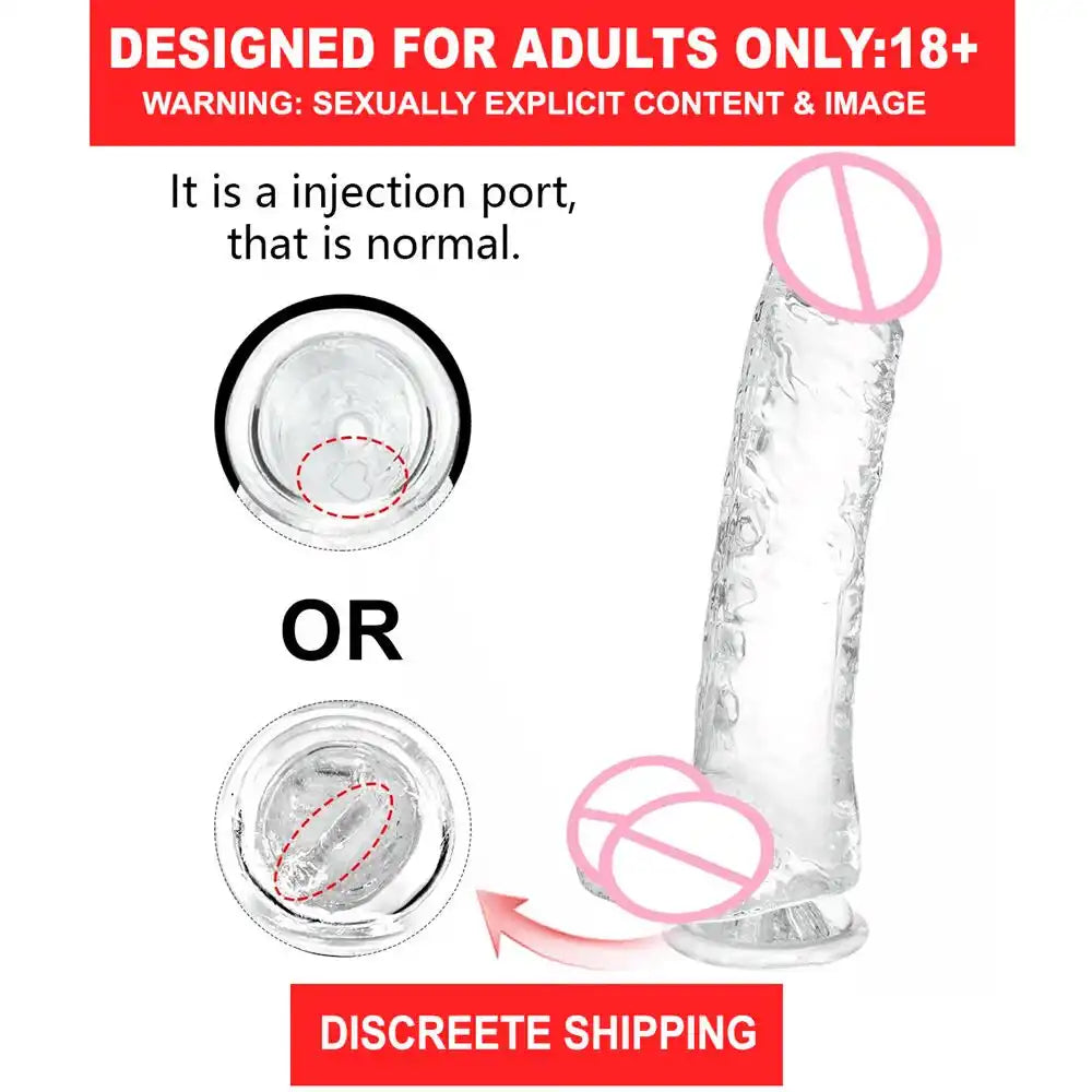 Transparent 9-inch lifelike silicone dildo with strong suction cup base and realistic design.