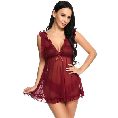 Women’s Black Lace & Ruffle Mesh Babydoll – Elegant V-Neck Chemise with Empire Waist, Flutter Trim & Coordinating G-String