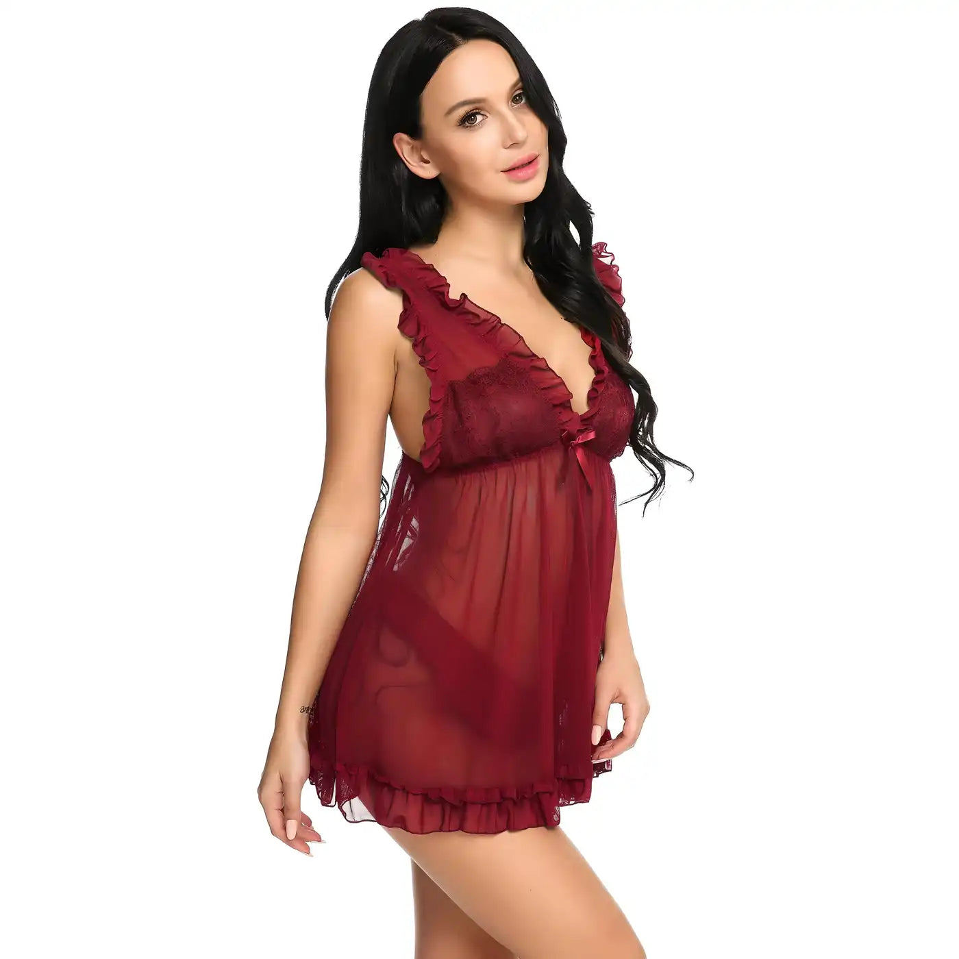 Women’s Black Lace & Ruffle Mesh Babydoll – Elegant V-Neck Chemise with Empire Waist, Flutter Trim & Coordinating G-String