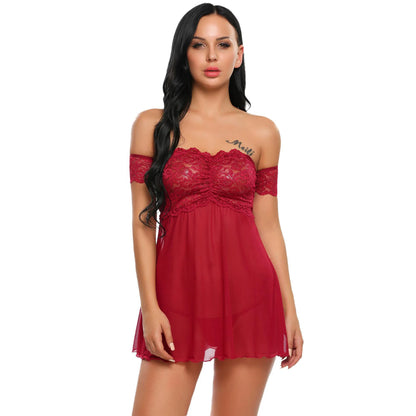 Women's Off-Shoulder Lace Babydoll – Elegant Bardot-Style Mesh Nightwear with Scalloped Floral Bodice