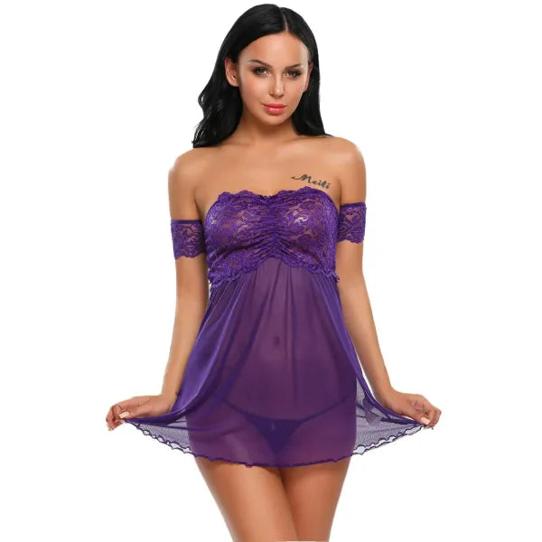 Women's Off-Shoulder Lace Babydoll – Elegant Bardot-Style Mesh Nightwear with Scalloped Floral Bodice