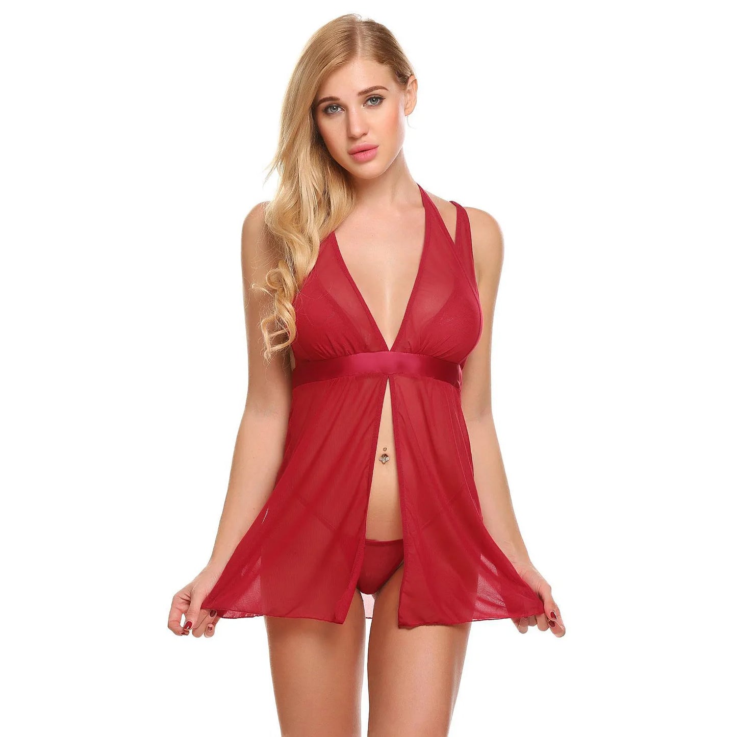 Women Deep V Neck Sheer Babydoll Nightwear Sleeveless Mesh Lingerie Dress with Matching Thong Set