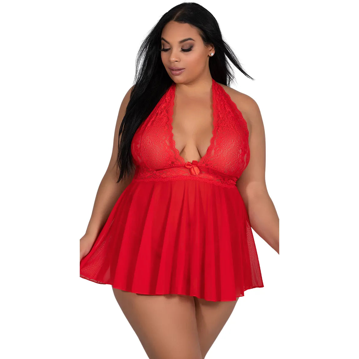 Women’s  Floral Lace  Babydoll – Elegant Halter Neck Chemise with Scalloped Trim & Coordinating G-String