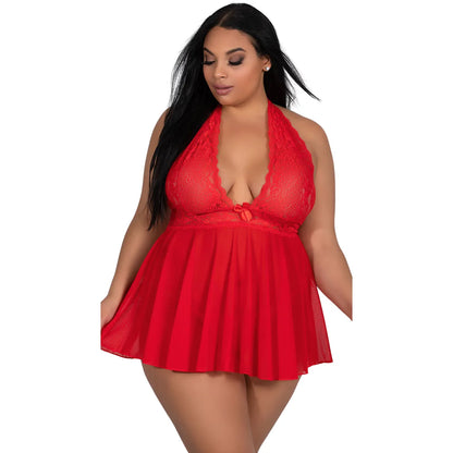 Women’s  Floral Lace  Babydoll – Elegant Halter Neck Chemise with Scalloped Trim & Coordinating G-String