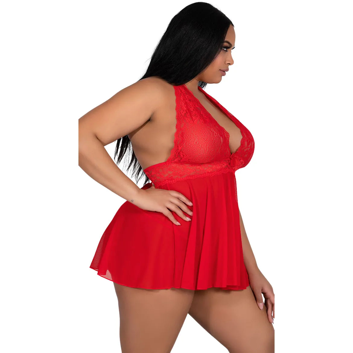 Women’s  Floral Lace  Babydoll – Elegant Halter Neck Chemise with Scalloped Trim & Coordinating G-String