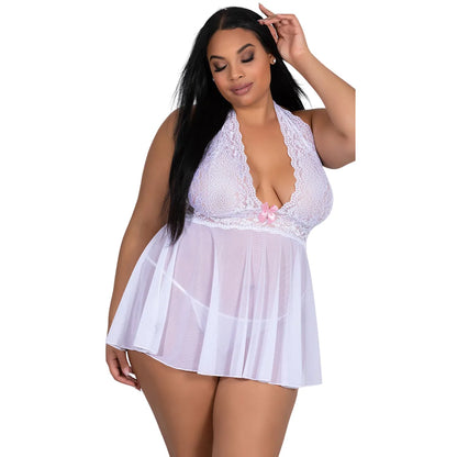 Women’s  Floral Lace  Babydoll – Elegant Halter Neck Chemise with Scalloped Trim & Coordinating G-String