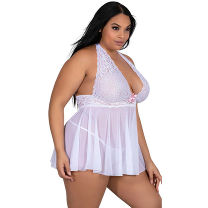 Women’s  Floral Lace  Babydoll – Elegant Halter Neck Chemise with Scalloped Trim & Coordinating G-String