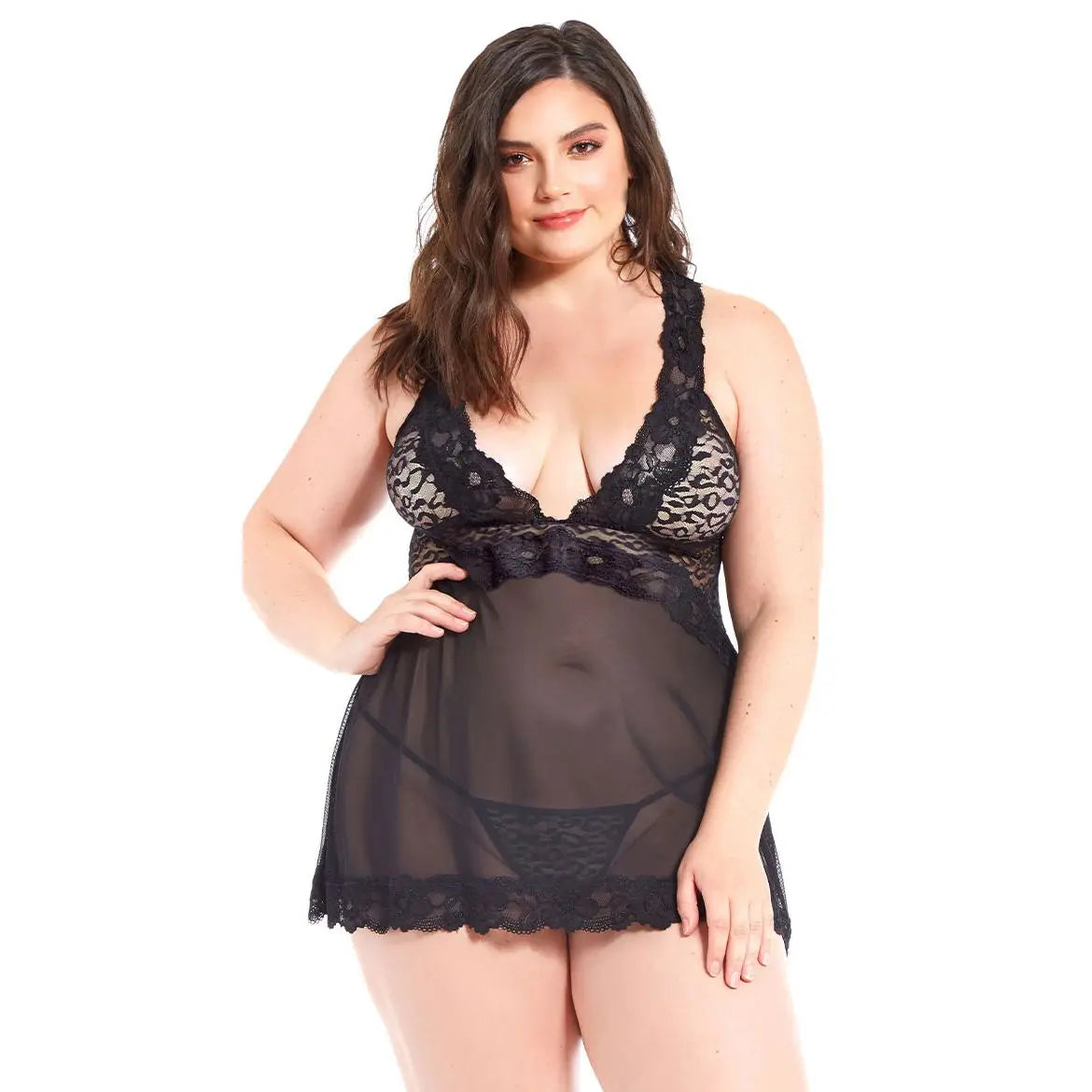 Women’s Multicolor Lace & Mesh  Babydoll – Elegant Empire Waist Chemise with Scalloped Lace Trim & Coordinating G-String