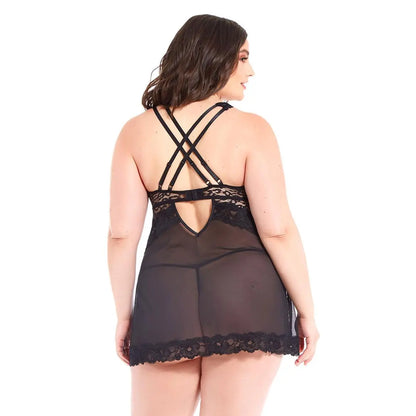 Women’s Multicolor Lace & Mesh  Babydoll – Elegant Empire Waist Chemise with Scalloped Lace Trim & Coordinating G-String