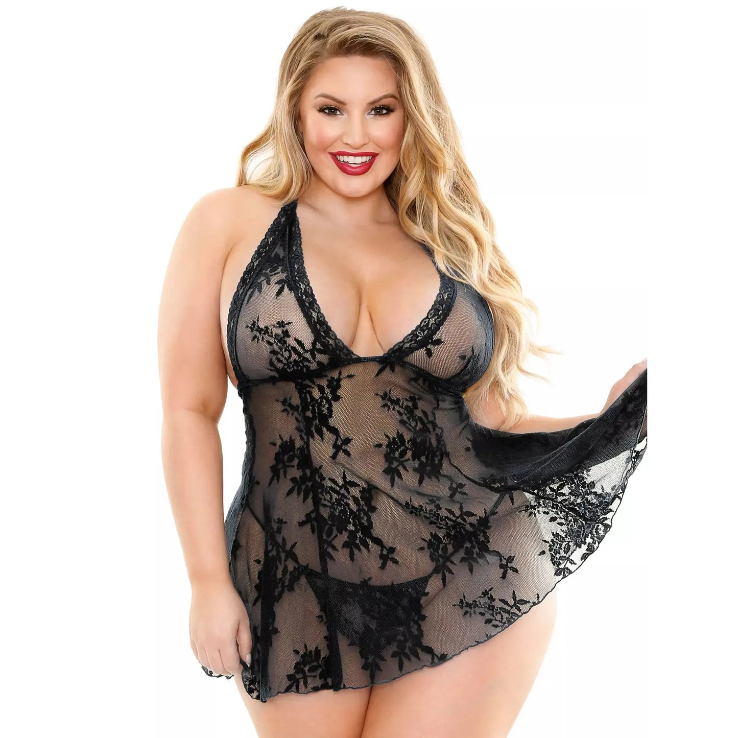 Women’s Floral Lace Plus Size Babydoll – Elegant Halter Neck Sheer Chemise with Scalloped Trim & Coordinating G-String