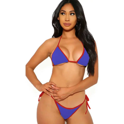 Women’s Multicolor Triangle Bikini Set – Contrast Trim Halter Neck Two Piece Swimwear with Side Tie Bottom