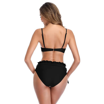 Women’s High Waisted Bikini Set – Halter Neck Tie Front Two Piece Swimwear with Ruffle Detail