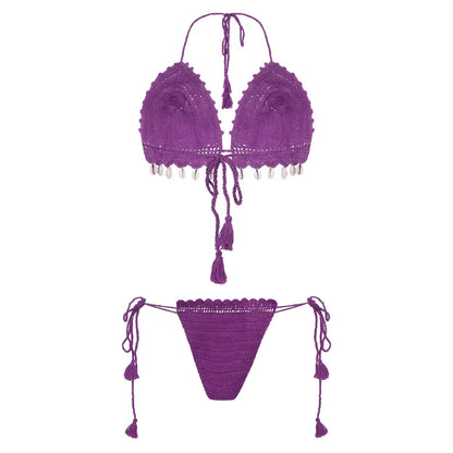 Women Multicolor Cotton Crochet Tie-Side Bikini Lingerie Set