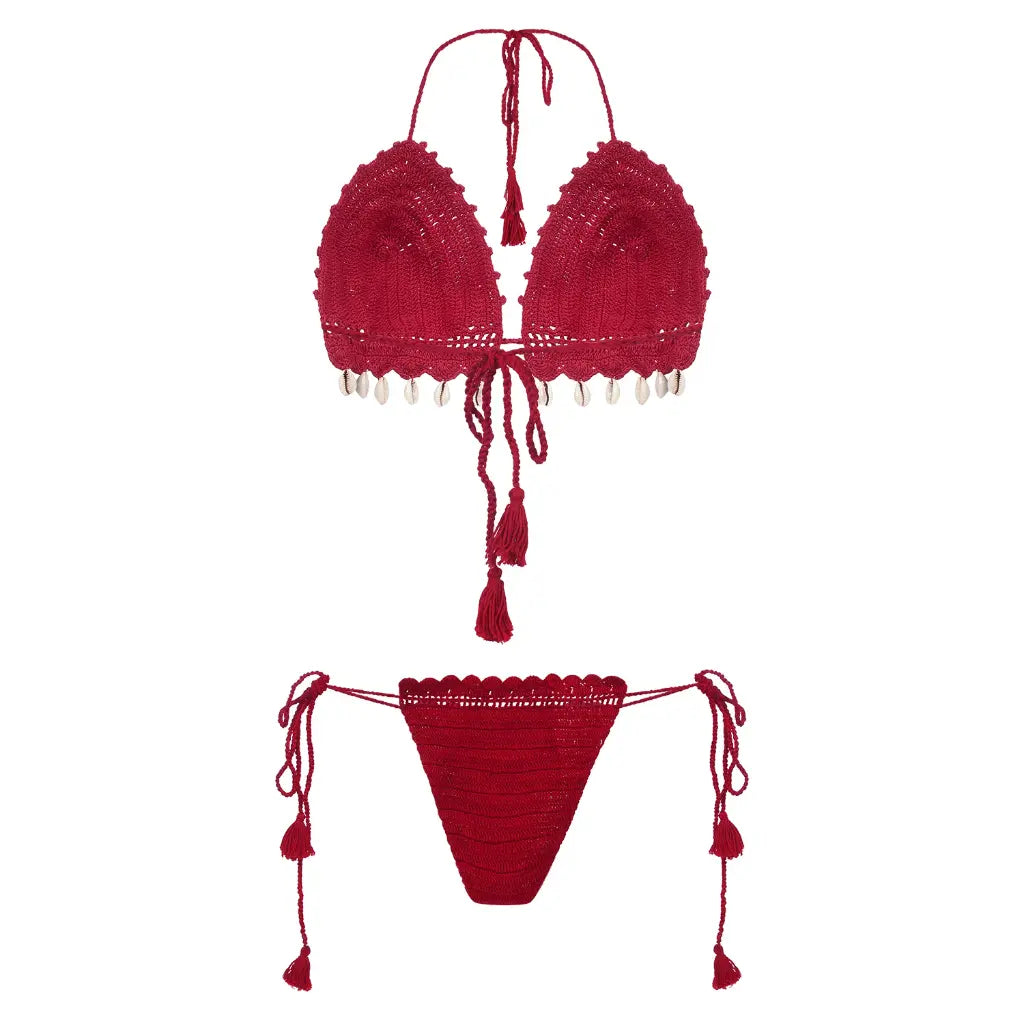 Women Multicolor Cotton Crochet Tie-Side Bikini Lingerie Set