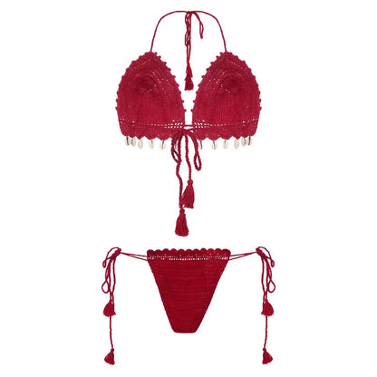 Women Multicolor Cotton Crochet Tie-Side Bikini Lingerie Set