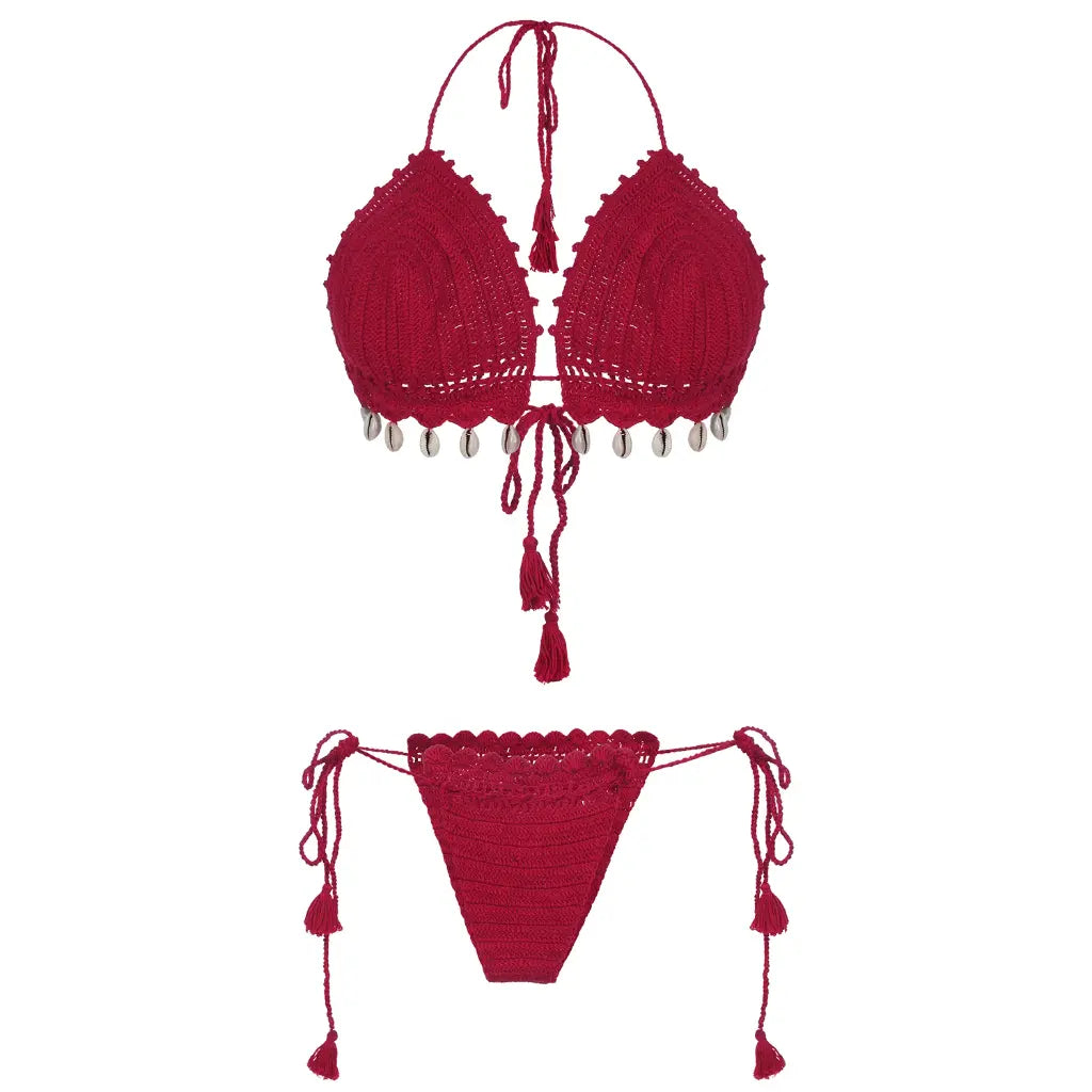 Women Multicolor Cotton Crochet Tie-Side Bikini Lingerie Set