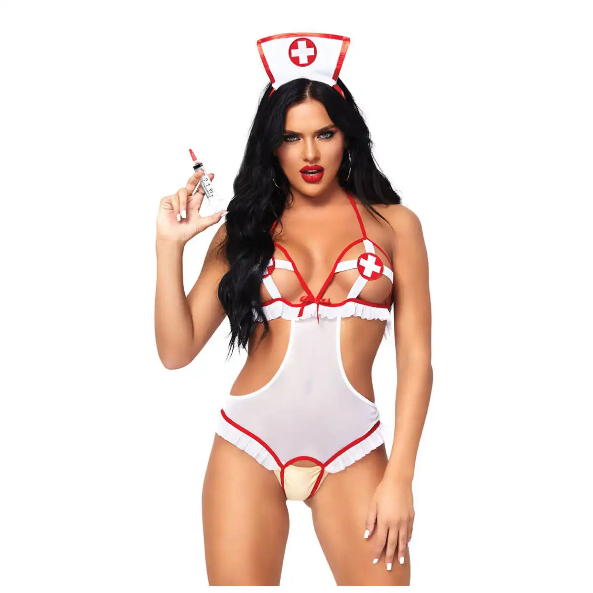  Women’s 2-piece medical roleplay costume featuring a white sheer mesh teddy with red ruffle trim, side cutouts, and a matching red and white cross headband.