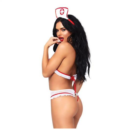 Women’s 2-piece medical roleplay costume featuring a white sheer mesh teddy with red ruffle trim, side cutouts, and a matching red and white cross headband.