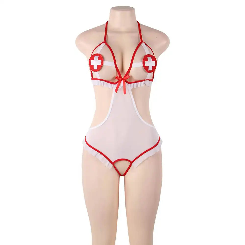  Women’s 2-piece medical roleplay costume featuring a white sheer mesh teddy with red ruffle trim, side cutouts, and a matching red and white cross headband.