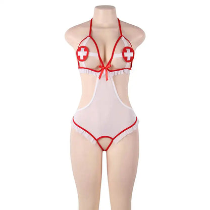  Women’s 2-piece medical roleplay costume featuring a white sheer mesh teddy with red ruffle trim, side cutouts, and a matching red and white cross headband.