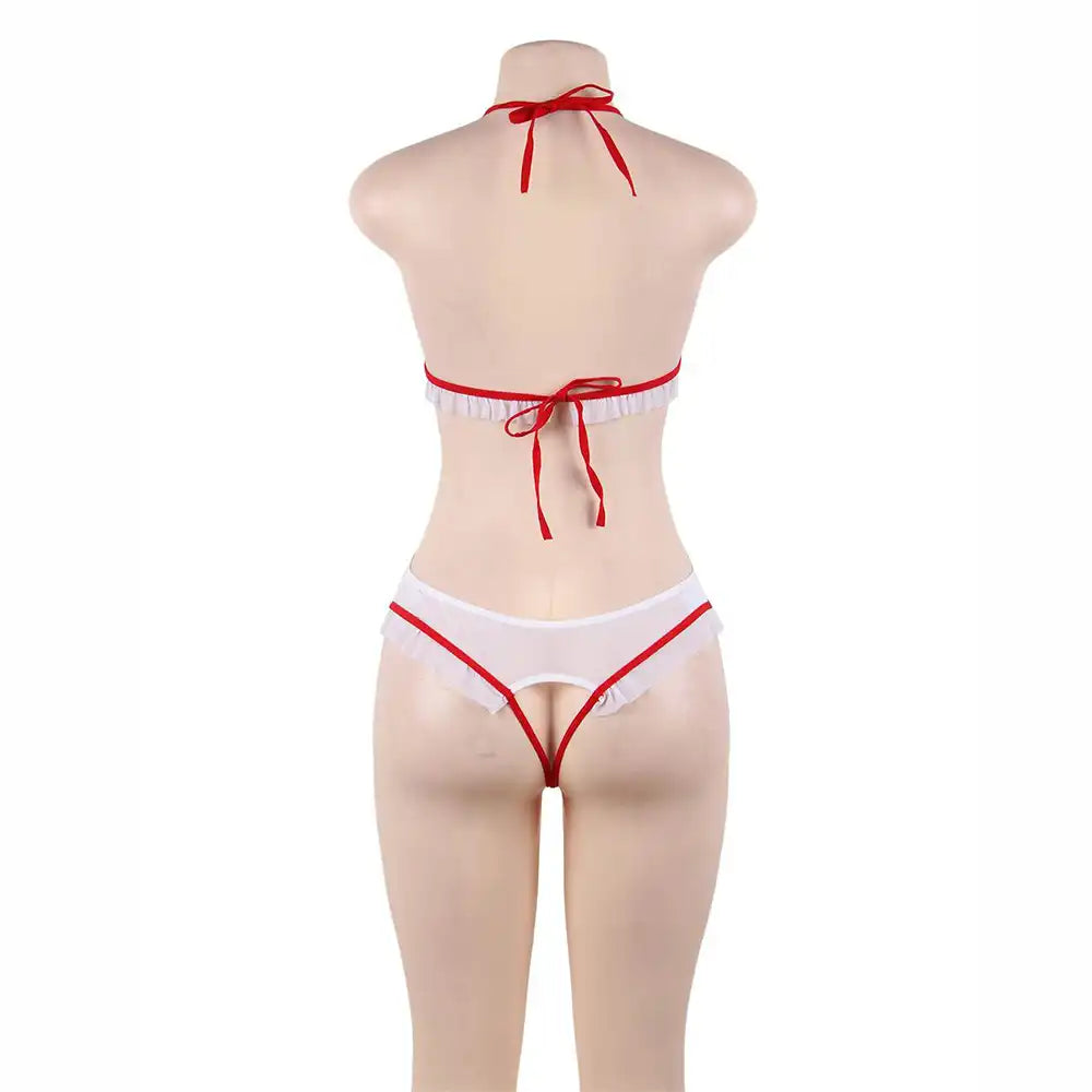  Women’s 2-piece medical roleplay costume featuring a white sheer mesh teddy with red ruffle trim, side cutouts, and a matching red and white cross headband.