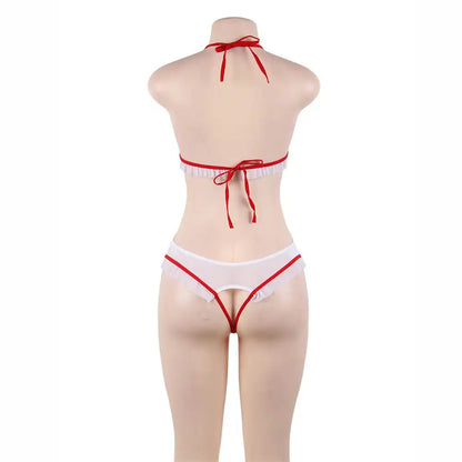 Women’s 2-piece medical roleplay costume featuring a white sheer mesh teddy with red ruffle trim, side cutouts, and a matching red and white cross headband.
