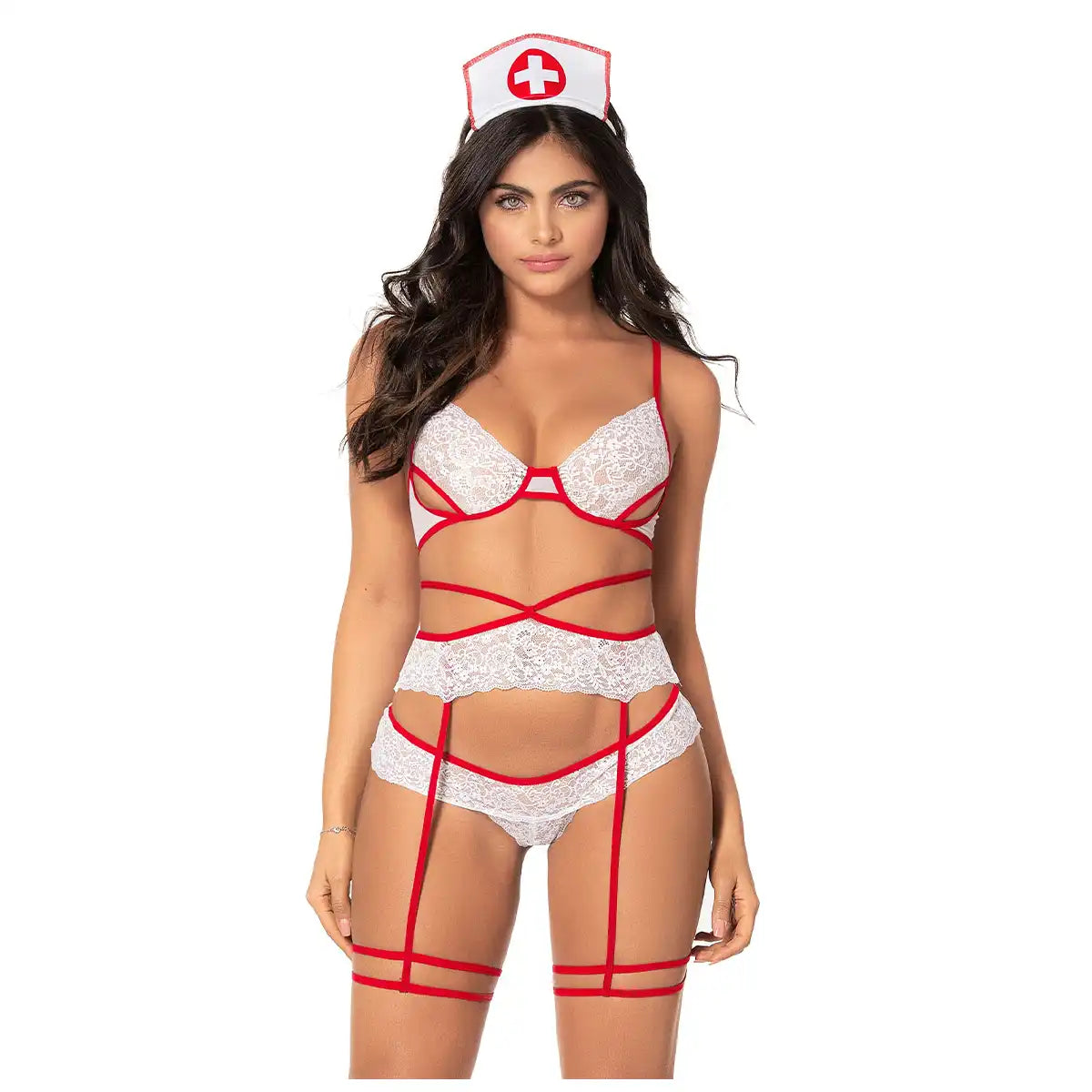  Women’s 4-piece medical roleplay set featuring a white floral lace underwire bralette with red trim, matching garter belt, thong, and a red-cross headband.