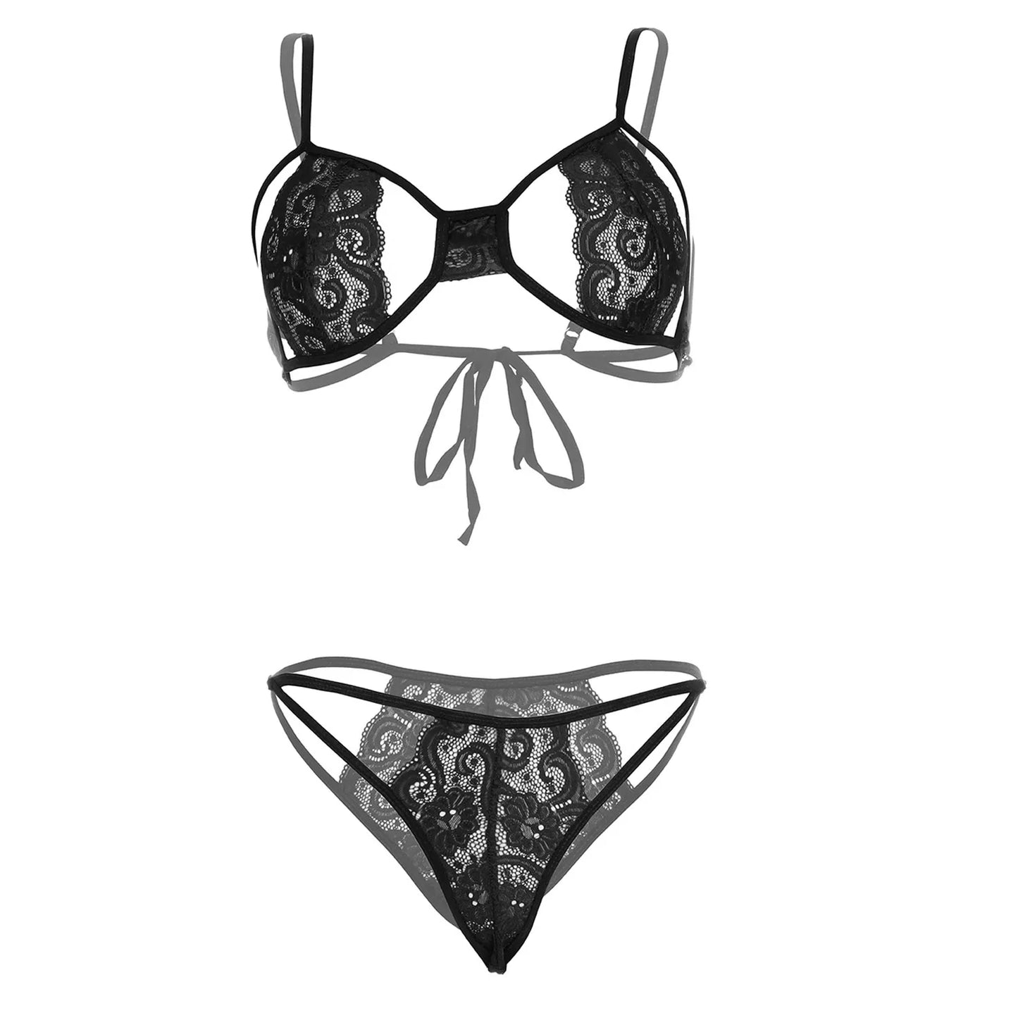 Women’s Floral Lace Cut-Out Bralette & Strappy Panty Set – Elegant Two-Piece Lingerie Ensemble with Modern Open-Detail Design