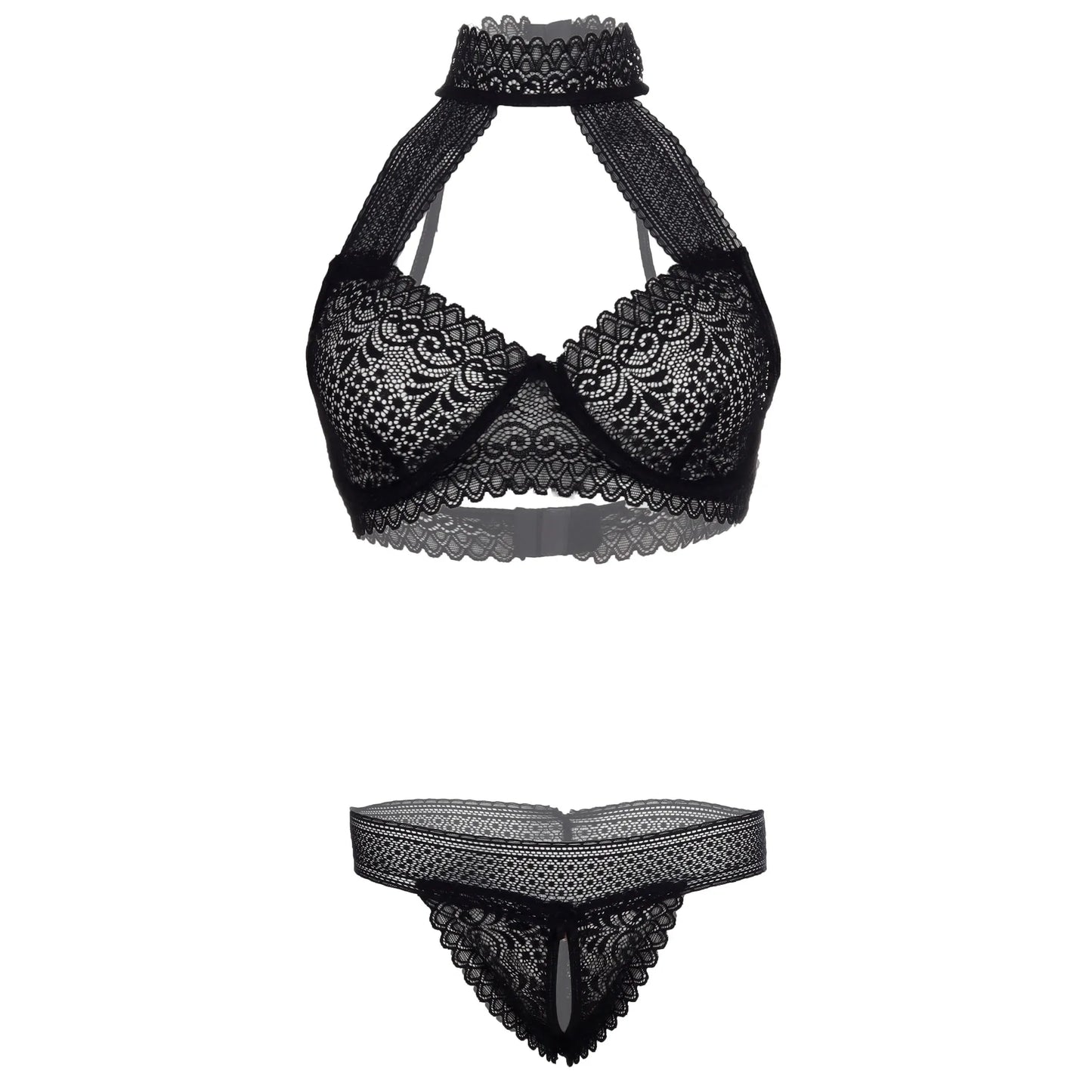 Women’s Floral Lace Choker-Style Halter Bralette & Panty Set – Elegant Two-Piece Lingerie Ensemble with Modern Keyhole Neckline