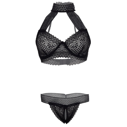 Women’s Floral Lace Choker-Style Halter Bralette & Panty Set – Elegant Two-Piece Lingerie Ensemble with Modern Keyhole Neckline