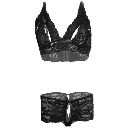 Women Lace Lingerie Set Deep Neck Bralette and Boyshort Panty Set Soft Stretch Designer Nightwear for Women