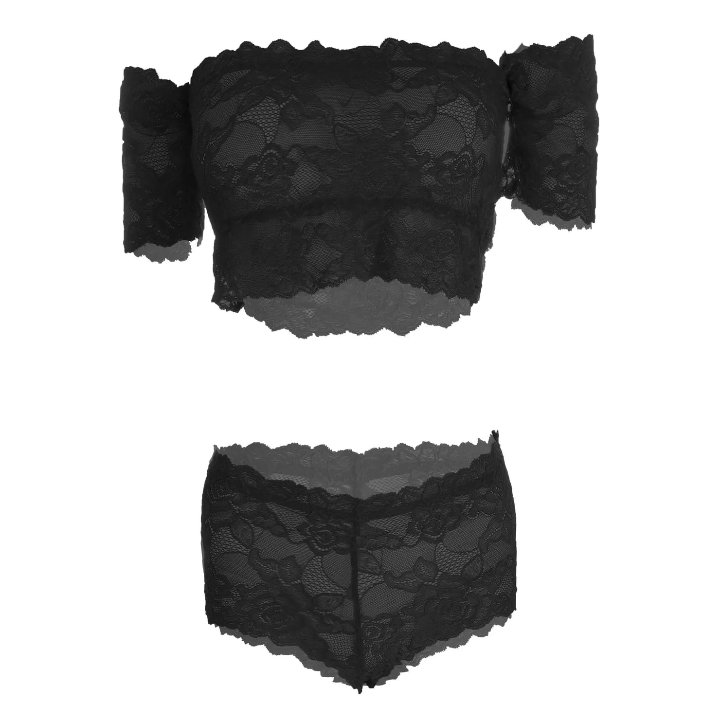 Women’s Floral Lace Off-Shoulder Crop Top & Matching Panty Set – Elegant Two-Piece Lingerie Ensemble with Modern Bardot Neckline