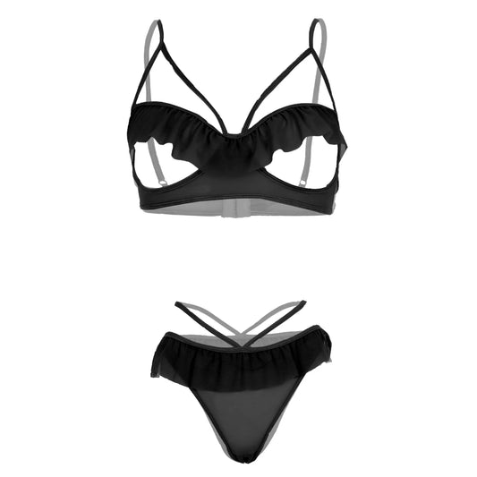 Women’s Ruffled Open-Cup Bralette & Strappy Panty Set – Elegant Two-Piece Lingerie Ensemble with Feminine Mesh Frills