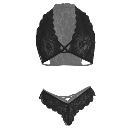 Women’s Floral Lace Halter Bralette & Strappy Panty Set – Elegant Two-Piece Lingerie Ensemble with Modern Criss-Cross Details
