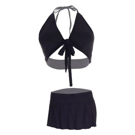 Women’s Smooth-Touch Halter Bralette & Pleated Mini Skirt Set – Elegant Two-Piece Lingerie Ensemble with Modern Front-Tie Detail