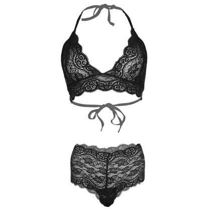 Women’s Eyelash Floral Lace Halter Bralette & Boyshort Set – Elegant Two-Piece Lingerie Ensemble with Scalloped Lace Trim