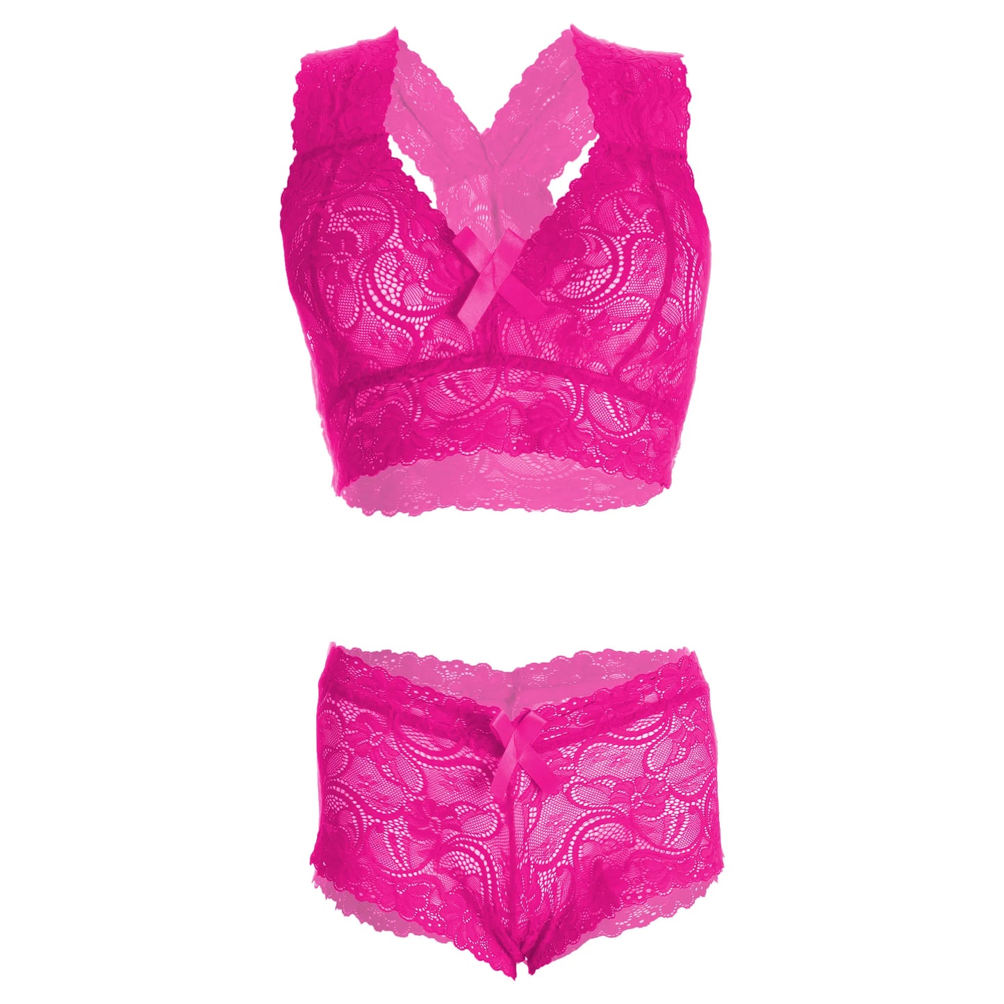 Women’s Raspberry Floral Lace Racerback Bralette & Panty Set – Elegant Two-Piece Lingerie Ensemble with Scalloped Edges