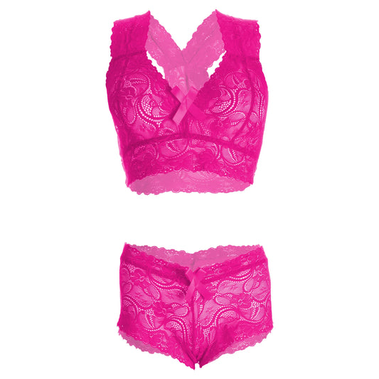 Women’s Raspberry Floral Lace Racerback Bralette & Panty Set – Elegant Two-Piece Lingerie Ensemble with Scalloped Edges
