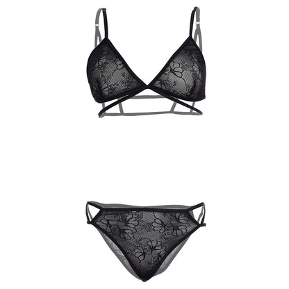 Women’s Floral Lace Criss-Cross Triangle Bralette & Cut-Out Panty Set – Elegant Two-Piece Lingerie Ensemble with Modern Architectural Straps