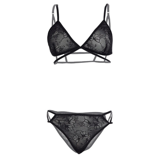 Women’s Floral Lace Criss-Cross Triangle Bralette & Cut-Out Panty Set – Elegant Two-Piece Lingerie Ensemble with Modern Architectural Straps