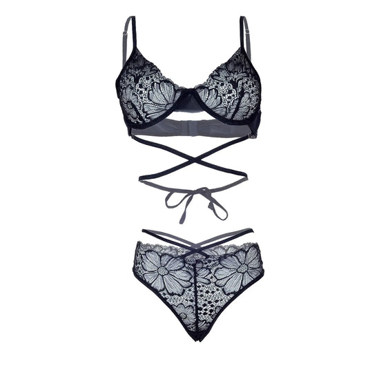 Women’s Underwired Floral Lace Bralette & Strappy Panty Set – Elegant Two-Piece Lingerie Ensemble with Modern Criss-Cross Waist Wrap