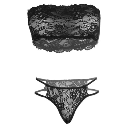 Women’s Floral Lace Bandeau Bralette & Strappy Thong Set – Elegant Two-Piece Strapless Lingerie Ensemble with Modern Double-Waist Detail